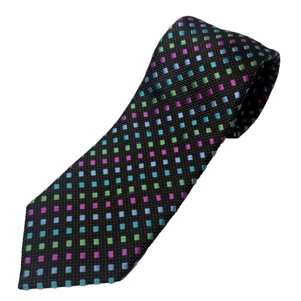 XMI Platinum Silk Tie Black Multicolor Geometric Woven Italy Made USA 3.25"